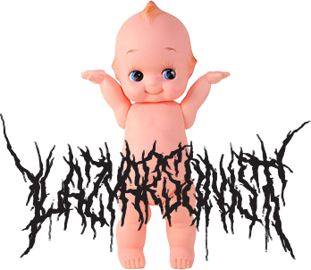 Plastic Kewpie doll with a black metal style logo with the words Lazyarsonist